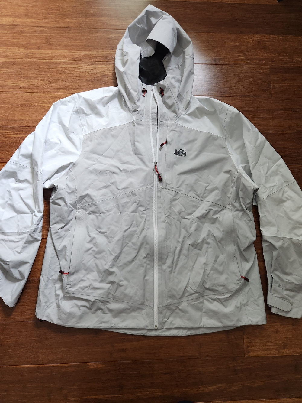 REI Xerodry GTX Waterproof Hooded White & Gray Lightweight Rain Jacket, 3XL